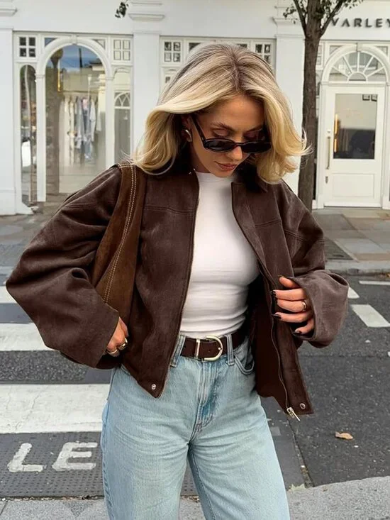 Women's Faux Suede Bomber Jacket Oversized Batwing Long Sleeve Zip Up Coffee - Picture 3 of 6